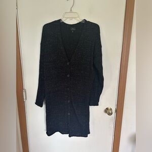 Worthington, medium long line duster, buttondown cardigan, black metallic silver